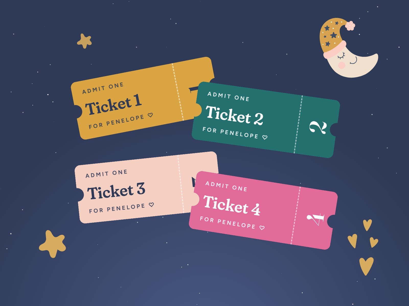 Four colourful tickets under a starry sky