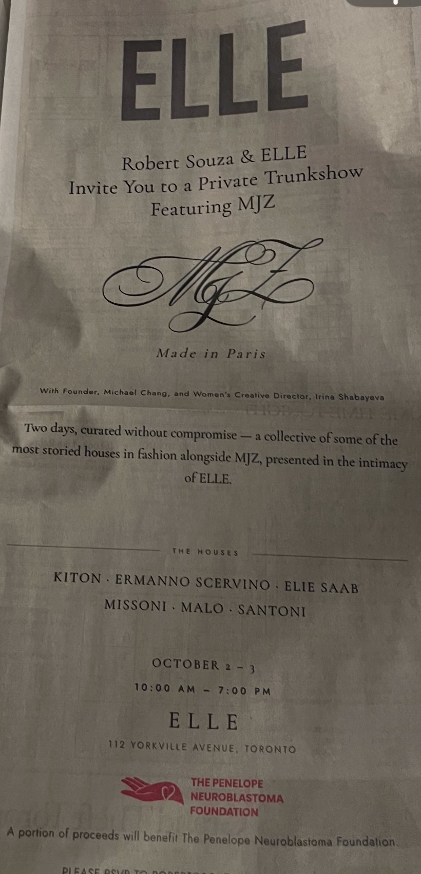 The newspaper ad for the ELLE trunk show, noting that a portion of proceeds would benefit the Penelope Neuroblastoma Foundation